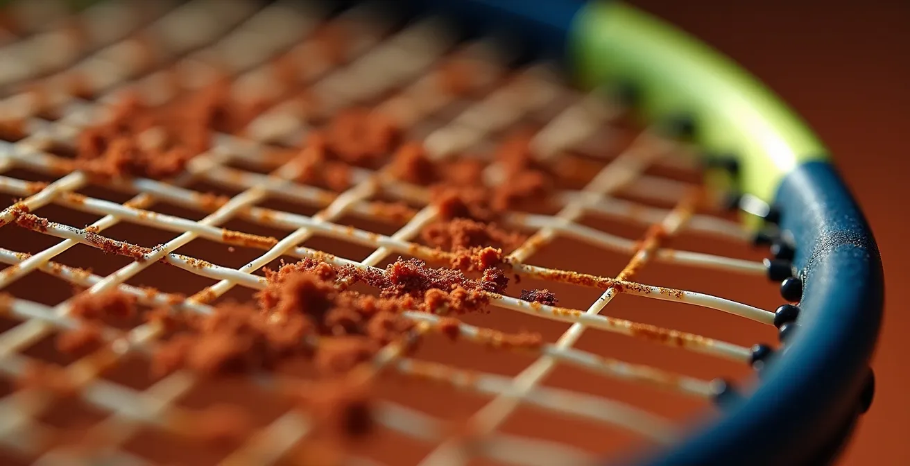 Analyse macro des zones d'impact sur cordage de raquette montrant l'usure