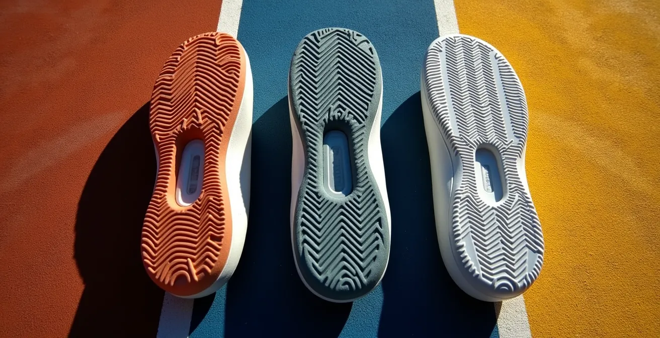 Vue détaillée de trois types de semelles de tennis pour différentes surfaces de jeu