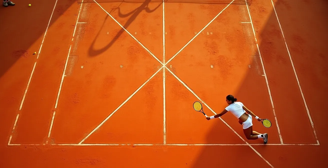 Vue aérienne d'un court de tennis montrant les trajectoires angulaires créées par une joueuse avec des lignes de mouvement suggérées