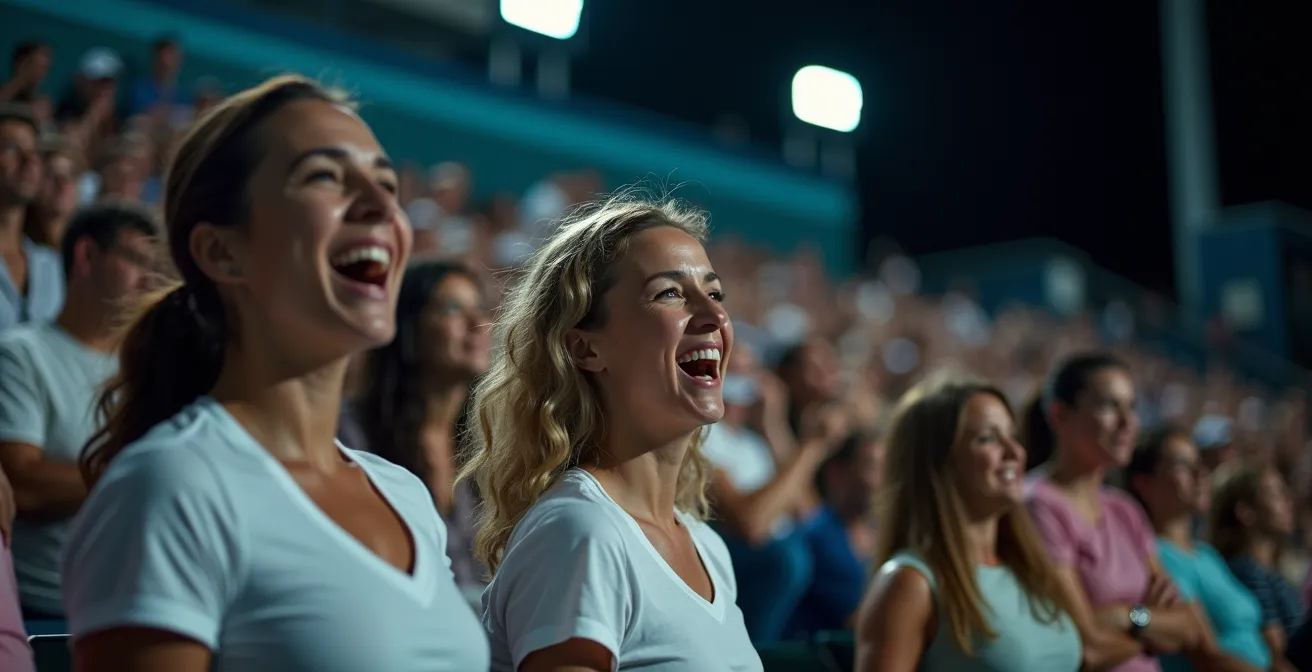 Vue nocturne spectaculaire du stade Arthur Ashe avec son architecture monumentale et une foule en délire.