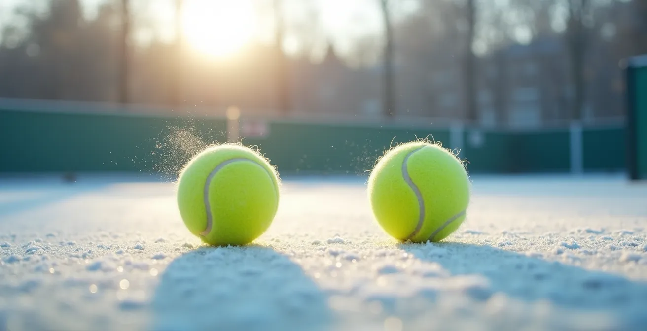 Balles de tennis sur court extérieur couvert de givre avec différences de rebond visibles