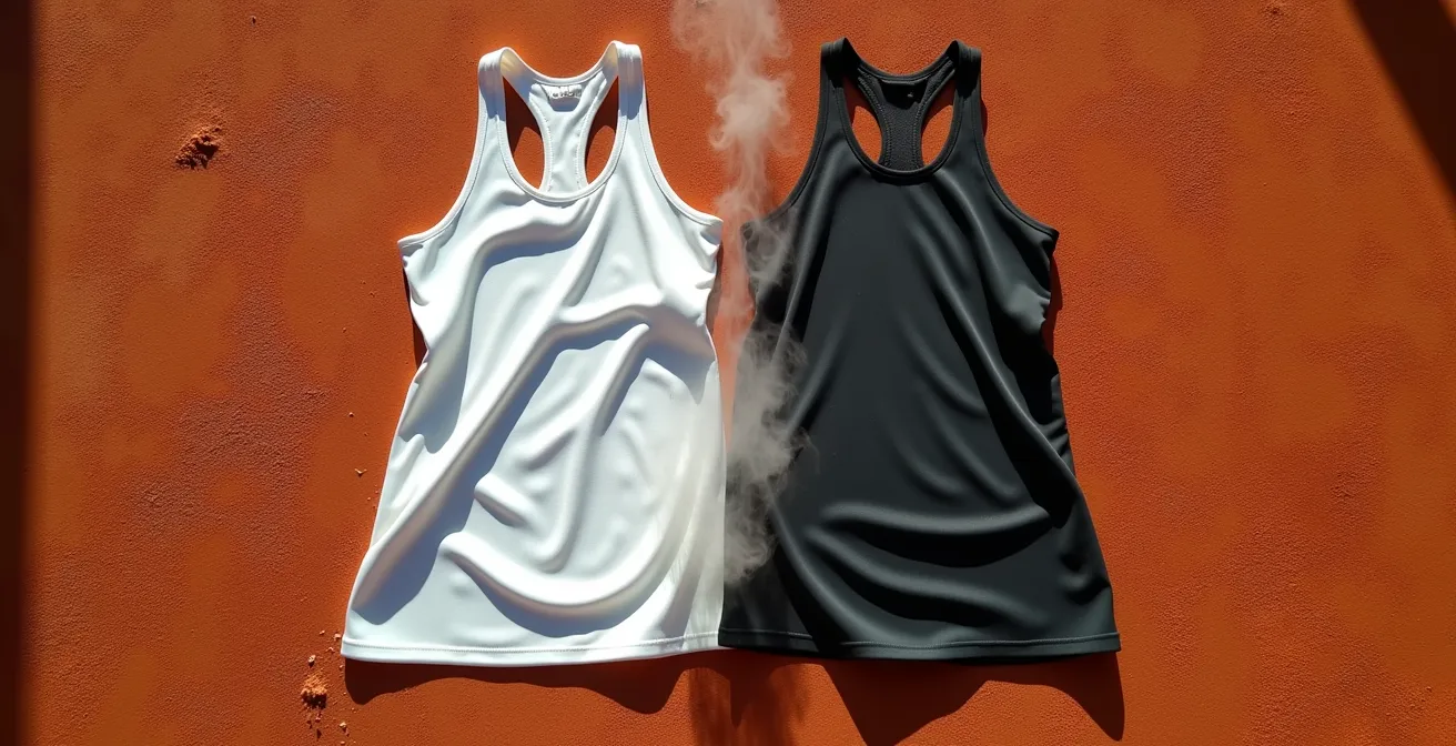 Comparaison visuelle de l'absorption de chaleur entre tenues claires et foncées sur terre battue