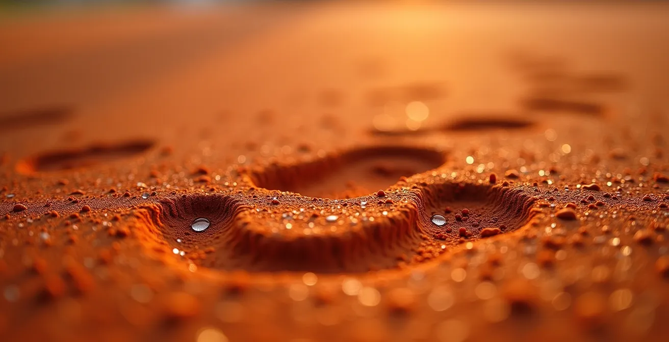 Macro détaillé de la terre battue rouge avec empreintes de chaussures montrant différents patterns de déplacement