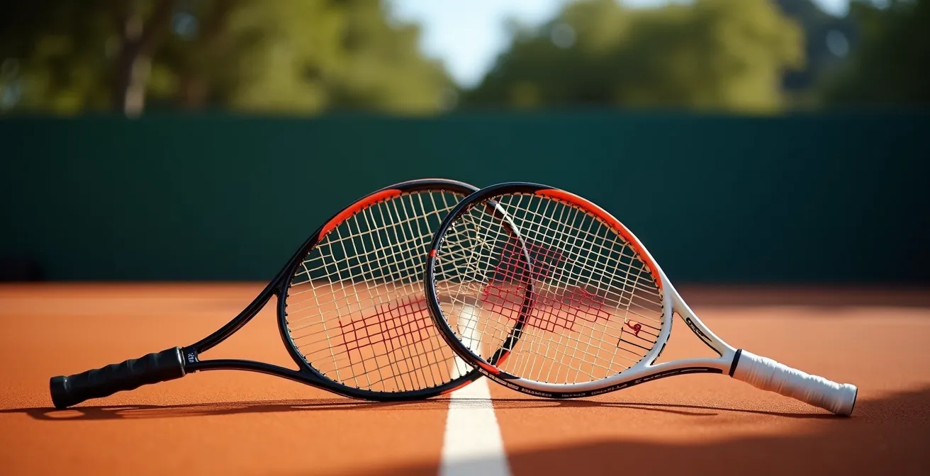 Comparaison visuelle entre raquettes amateur et professionnelle dans un club de tennis français