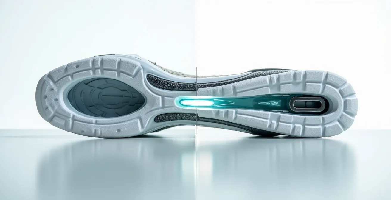 Comparaison anatomique entre chaussure de running et chaussure de tennis montrant les renforts latéraux