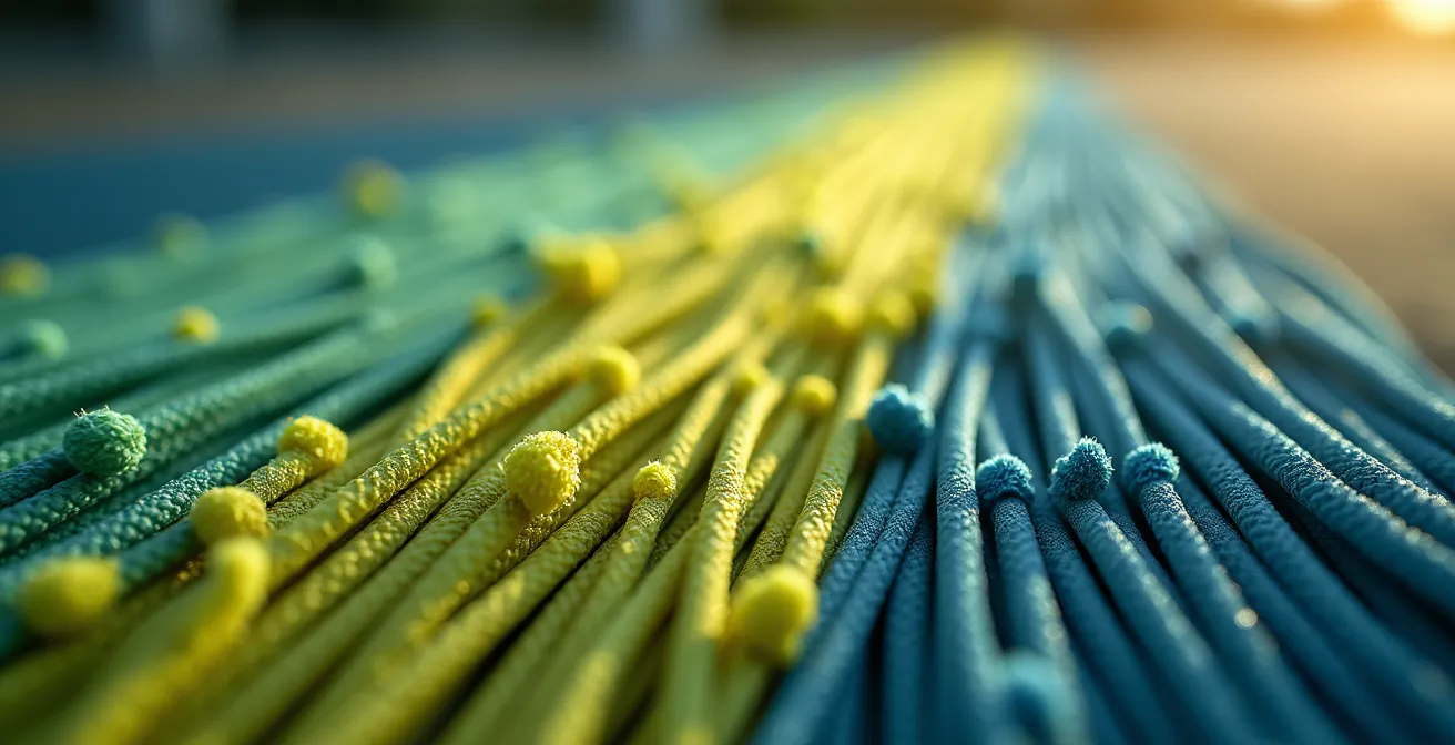 Gros plan macro sur les fibres d'un cordage de tennis montrant l'usure microscopique