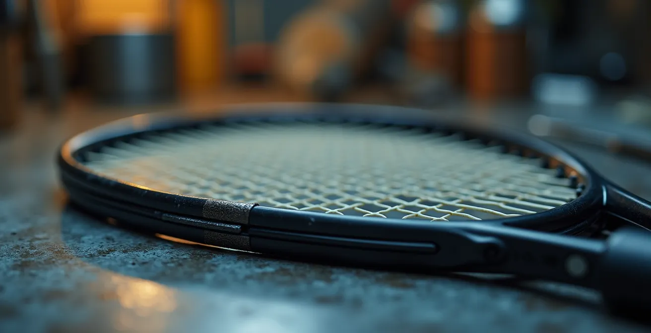 Gros plan macro sur l'application minutieuse de bande de plomb sur le cadre d'une raquette de tennis