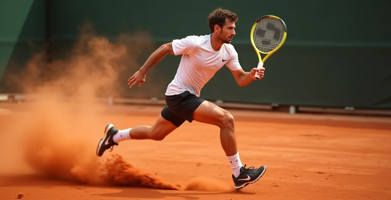 Joueur de tennis en plein décalage coup droit avec trajectoire du déplacement