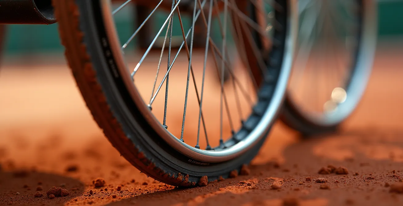 Gros plan sur la roue carrossée d'un fauteuil de tennis avec la terre battue en arrière-plan