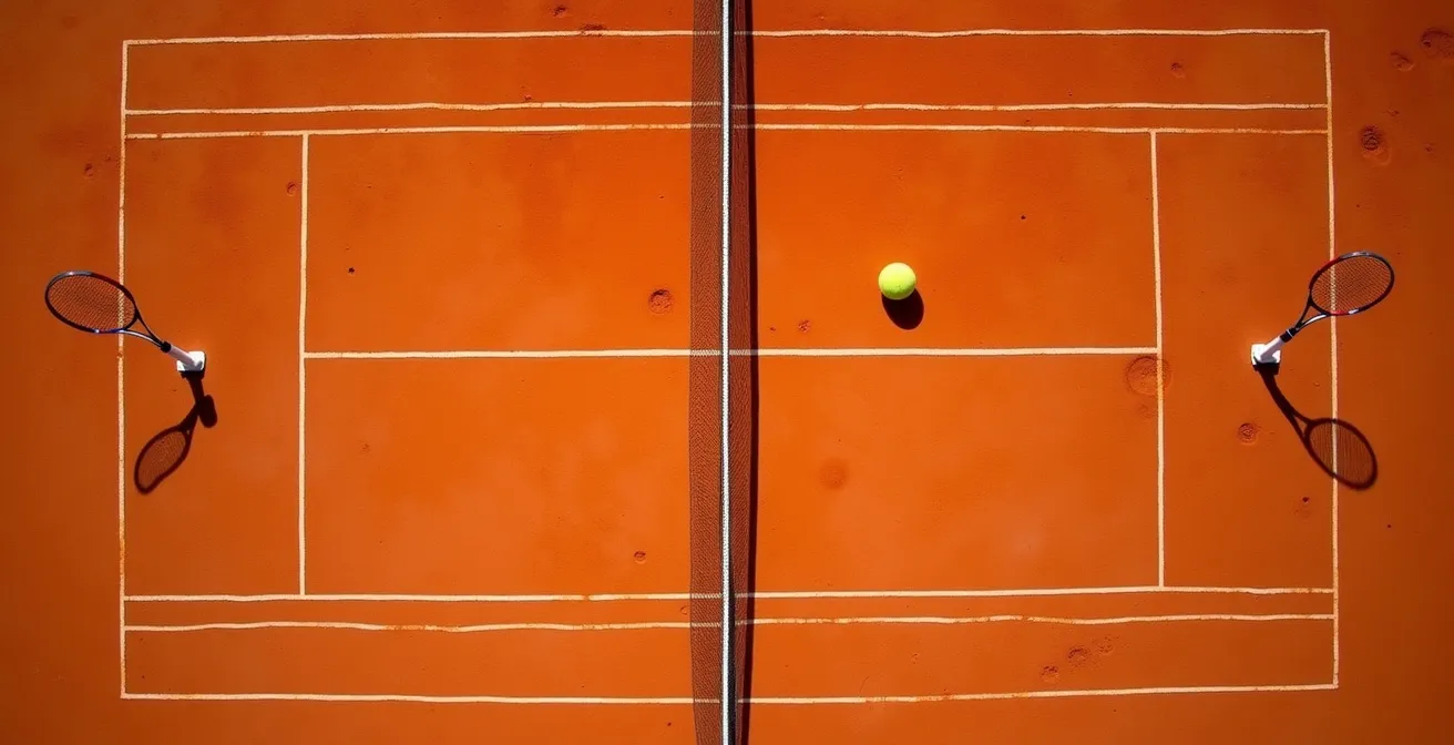 Vue aérienne d'un court de terre battue montrant les zones d'échange en diagonale