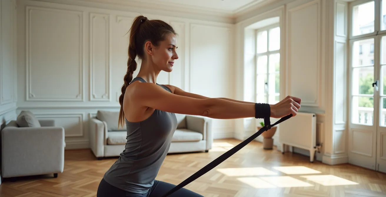 Personne effectuant un exercice de pronation avec élastique dans un salon français