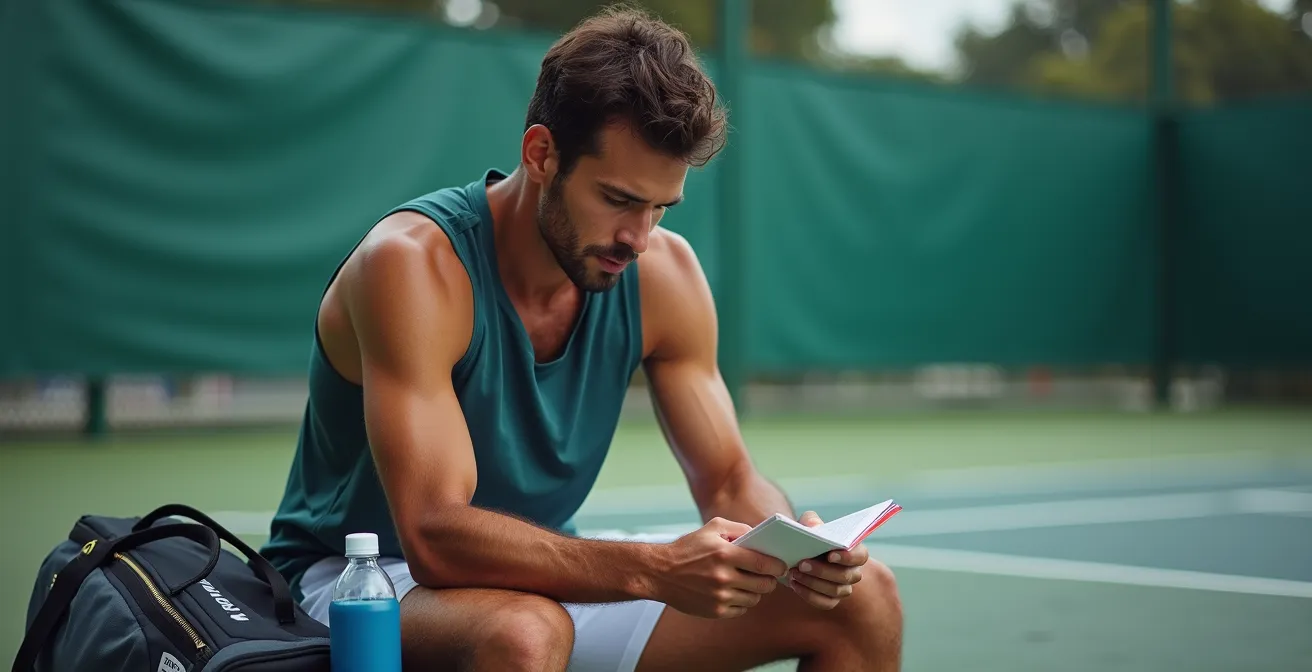 Joueur de tennis consultant son carnet d'entraînement après une séance