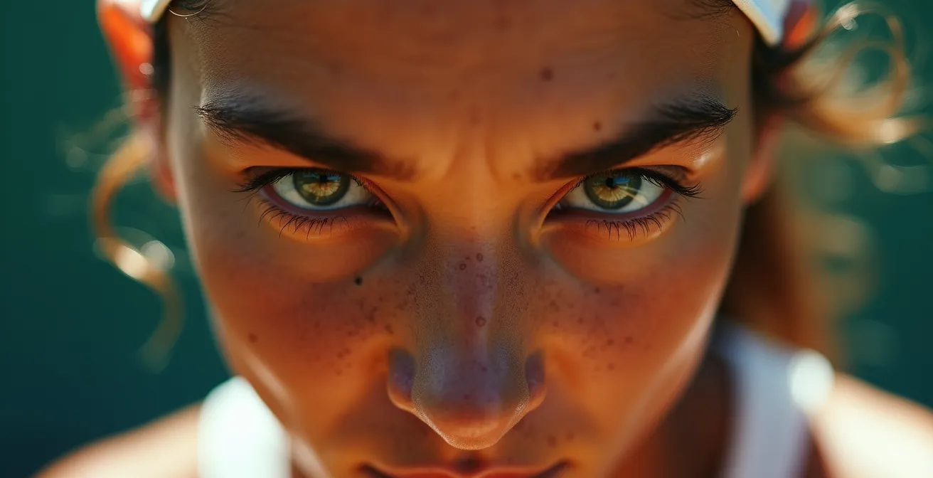 Gros plan sur le visage concentré d'un joueur avant un service crucial