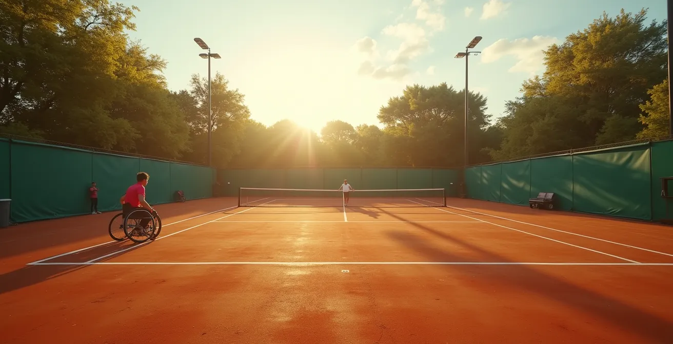 Vue large d'un court de tennis avec un joueur en fauteuil roulant s'entraînant dans l'atmosphère matinale