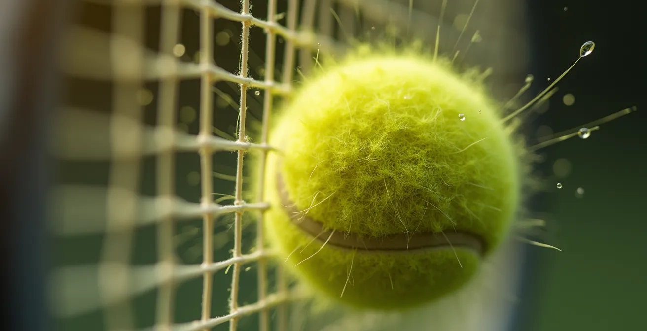 Vue macro de l'impact entre une balle de tennis et le cordage d'une raquette montrant le transfert d'énergie