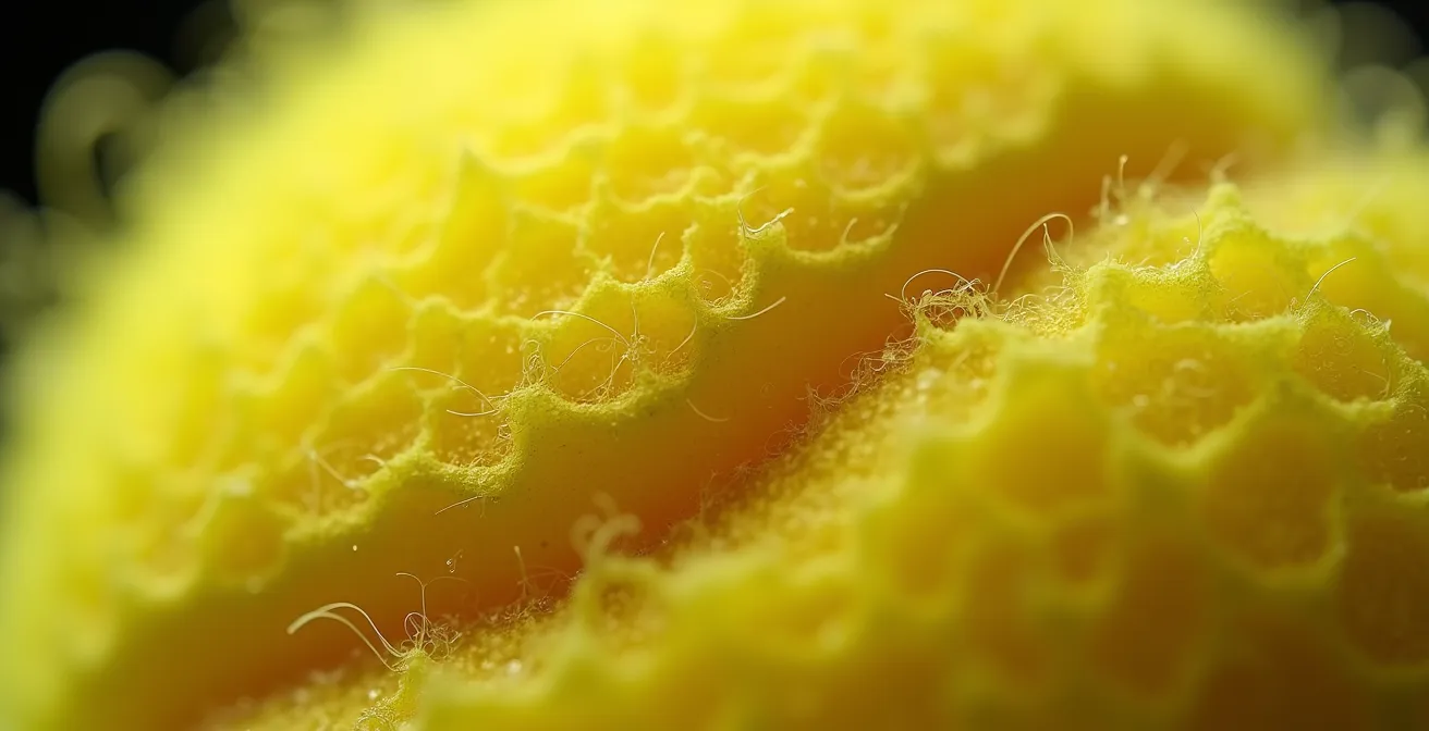Vue macro de la structure en caoutchouc d'une balle sans pression montrant sa densité