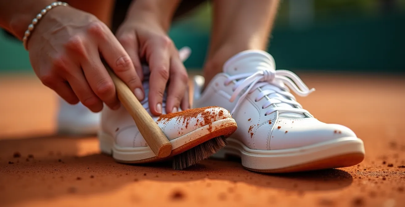 Mains nettoyant des semelles de tennis avec une brosse sur un court de terre battue
