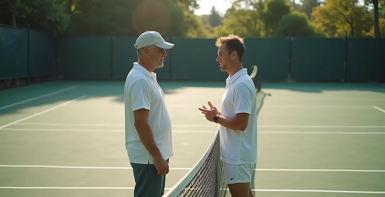 Premier échange entre un coach de tennis et un nouveau joueur sur un court, discussion constructive