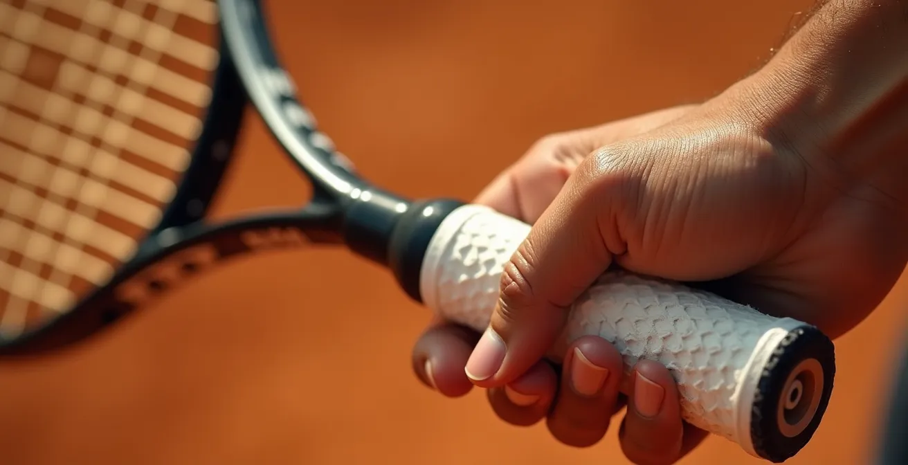 Vue macro détaillée d'une main tenant une raquette de tennis en prise continentale sur le manche octogonal