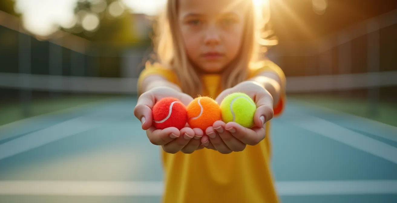 Enfant tenant différentes balles de tennis colorées du programme Galaxie sur un court adapté