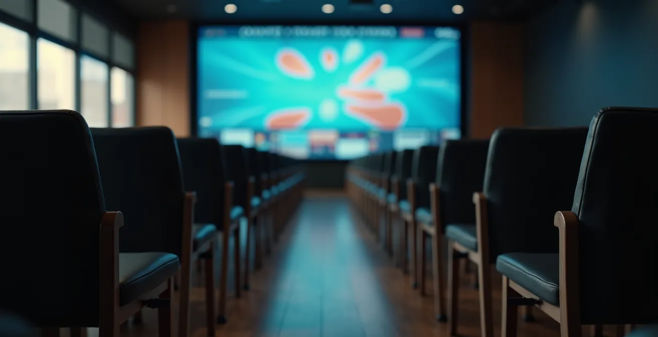 Vue d'ensemble d'une salle de presse tennis avec tableau de classement flou en arrière-plan