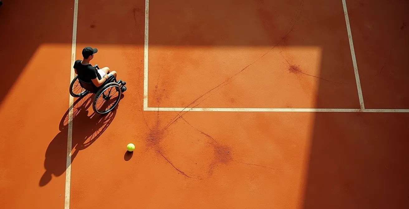 Vue aérienne d'un court montrant la trajectoire de la balle avec deux rebonds