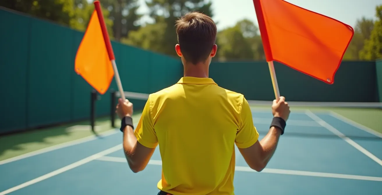 Arbitre de tennis utilisant des drapeaux colorés pour communiquer avec des joueurs sourds sur un court