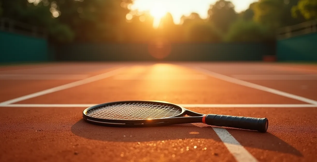 Vue large d'un court de tennis avec zones de test marquées visuellement