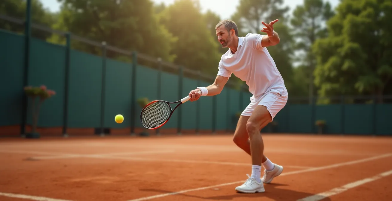Joueur de tennis ajustant sa technique pour une balle sans pression sur terre battue