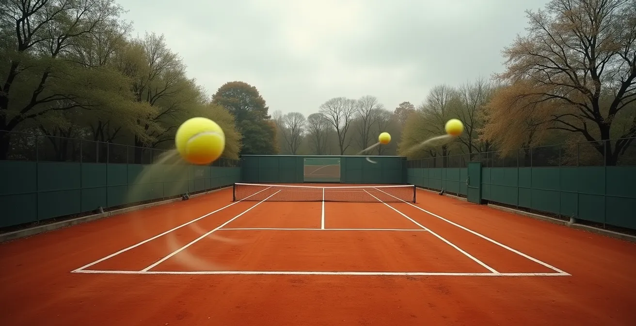 Vue large d'un court de tennis montrant trois trajectoires de balles différentes au service