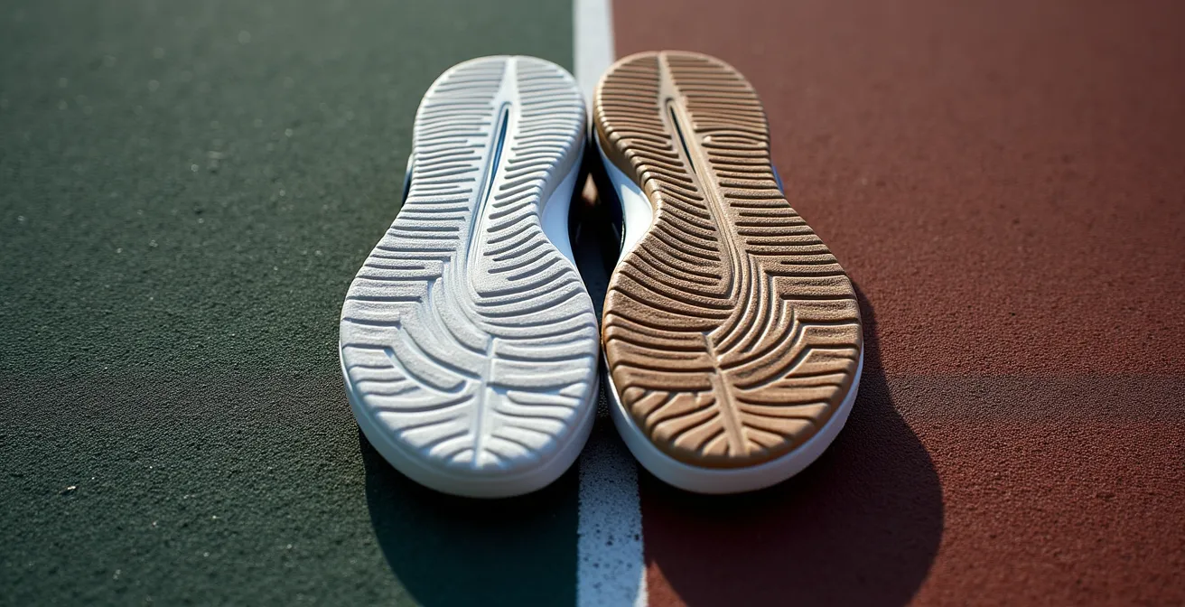 Comparaison visuelle de l'usure d'une semelle neuve et usée sur surface dure