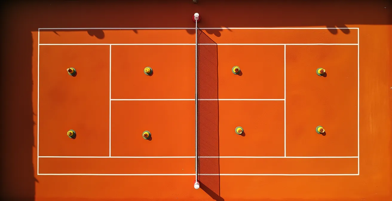 Vue aérienne d'un court de tennis avec les zones de service marquées pour l'entraînement