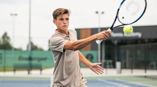 Jeune joueur de tennis en pleine frappe de coup droit sur court d'académie sportive