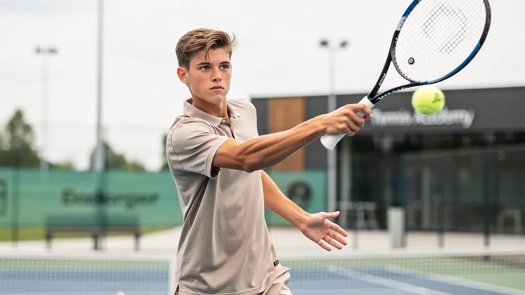 Jeune joueur de tennis en pleine frappe de coup droit sur court d'académie sportive